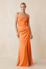 Cami Strap Ruched Satin Sheath Bridesmaid Dress in Orange - KissProm Bridesmaid Dresses