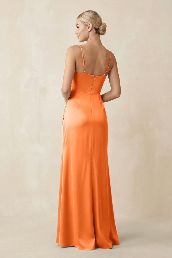 Cami Strap Ruched Satin Sheath Bridesmaid Dress in Orange - KissProm Bridesmaid Dresses