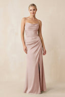 Cami Strap Ruched Satin Sheath Bridesmaid Dress in Pale Blush - KissProm Bridesmaid Dresses