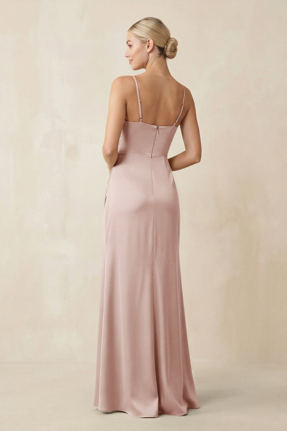 Cami Strap Ruched Satin Sheath Bridesmaid Dress in Pale Blush - KissProm Bridesmaid Dresses