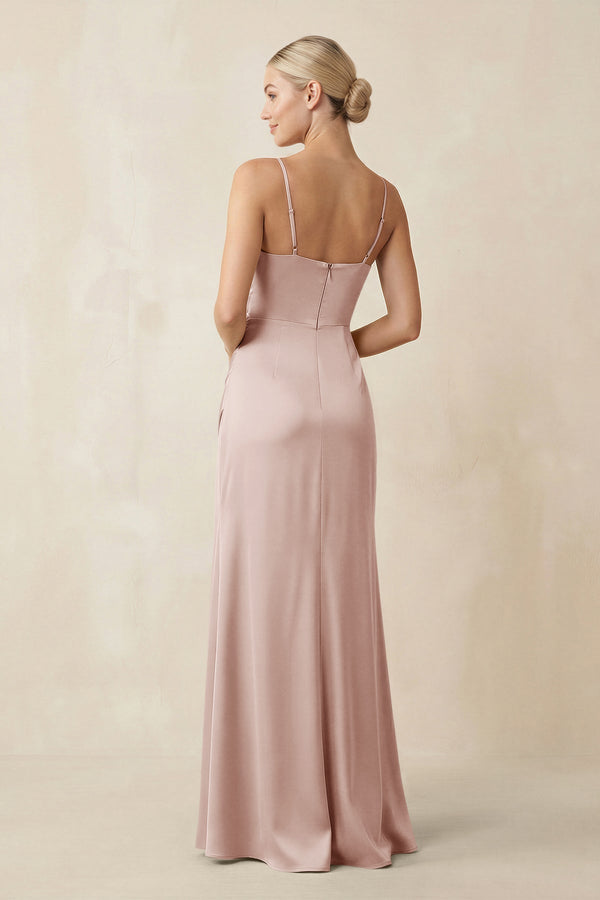 Cami Strap Ruched Satin Sheath Bridesmaid Dress in Pale Blush - KissProm Bridesmaid Dresses