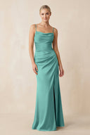 Cami Strap Ruched Satin Sheath Bridesmaid Dress in Pale Pistachio - KissProm Bridesmaid Dresses