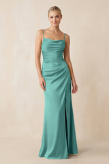 Cami Strap Ruched Satin Sheath Bridesmaid Dress in Pale Pistachio - KissProm Bridesmaid Dresses