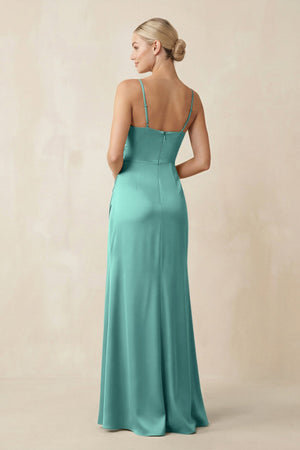 Cami Strap Ruched Satin Sheath Bridesmaid Dress in Pale Pistachio - KissProm Bridesmaid Dresses