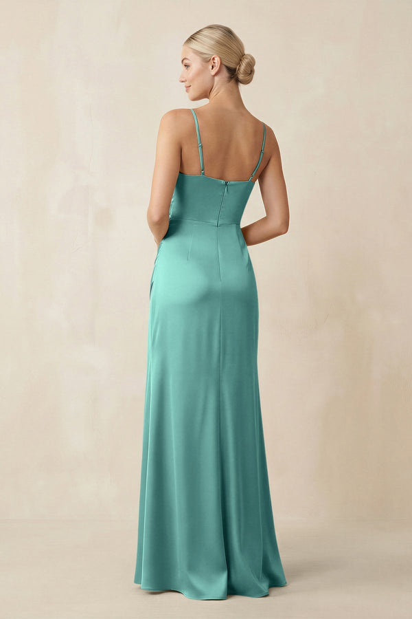 Cami Strap Ruched Satin Sheath Bridesmaid Dress in Pale Pistachio - KissProm Bridesmaid Dresses