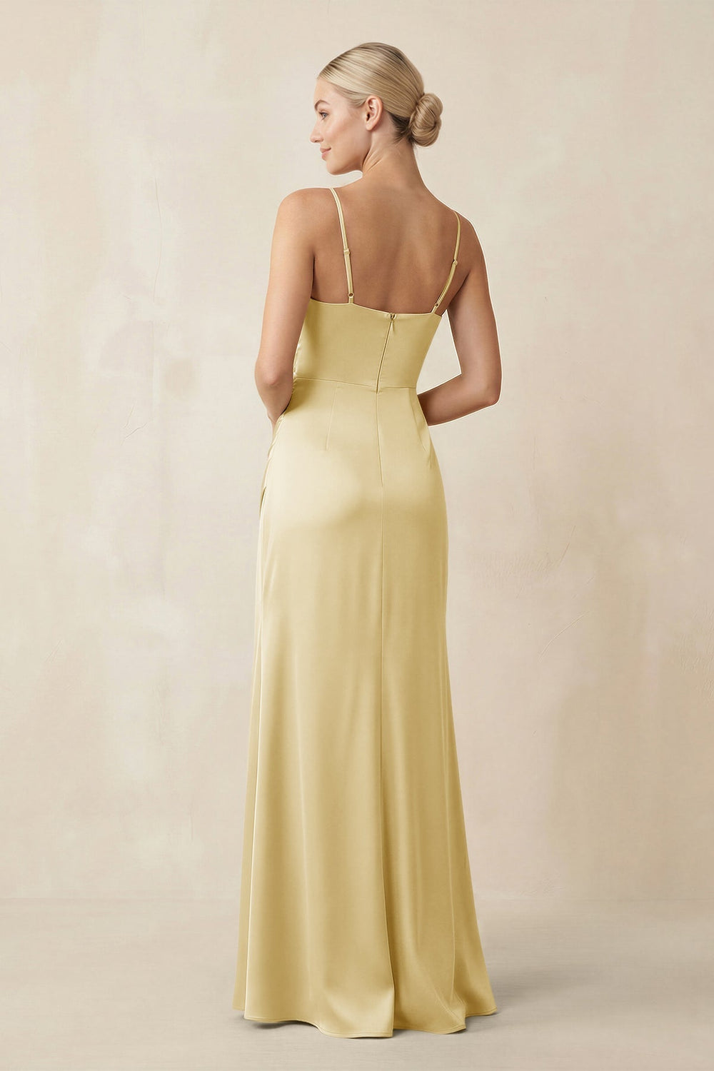 Cami Strap Ruched Satin Sheath Bridesmaid Dress in Pastel Yellow - KissProm Bridesmaid Dresses