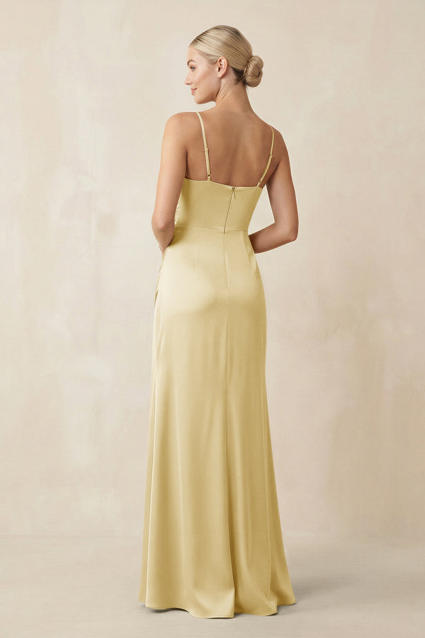 Cami Strap Ruched Satin Sheath Bridesmaid Dress in Pastel Yellow - KissProm Bridesmaid Dresses