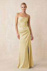 Cami Strap Ruched Satin Sheath Bridesmaid Dress in Pastel Yellow - KissProm Bridesmaid Dresses
