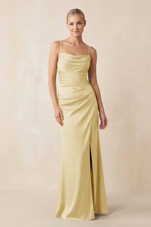 Cami Strap Ruched Satin Sheath Bridesmaid Dress in Pastel Yellow - KissProm Bridesmaid Dresses