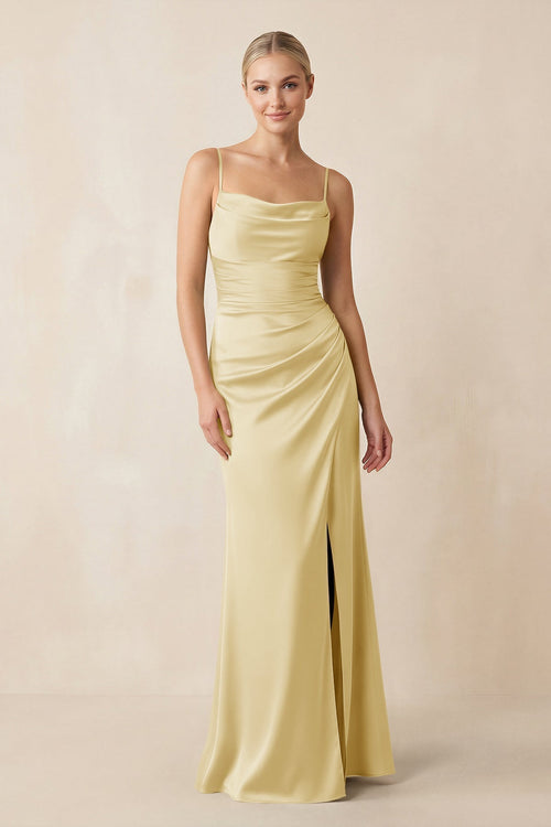 Cami Strap Ruched Satin Sheath Bridesmaid Dress in Pastel Yellow - KissProm Bridesmaid Dresses