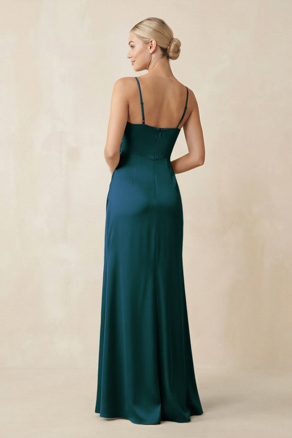 Cami Strap Ruched Satin Sheath Bridesmaid Dress in Pine - KissProm Bridesmaid Dresses