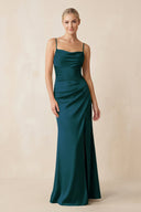 Cami Strap Ruched Satin Sheath Bridesmaid Dress in Pine - KissProm Bridesmaid Dresses