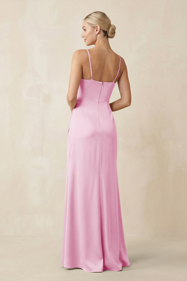 Cami Strap Ruched Satin Sheath Bridesmaid Dress in Pink - KissProm Bridesmaid Dresses