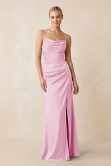 Cami Strap Ruched Satin Sheath Bridesmaid Dress in Pink - KissProm Bridesmaid Dresses