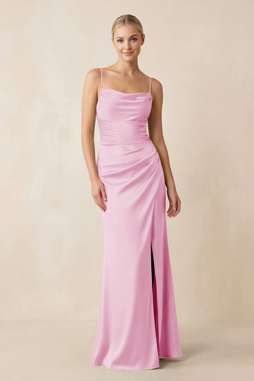 Cami Strap Ruched Satin Sheath Bridesmaid Dress in Pink - KissProm Bridesmaid Dresses