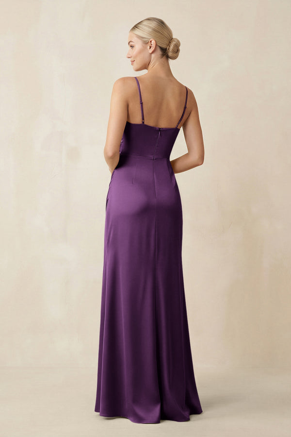 Cami Strap Ruched Satin Sheath Bridesmaid Dress in Plum - KissProm Bridesmaid Dresses