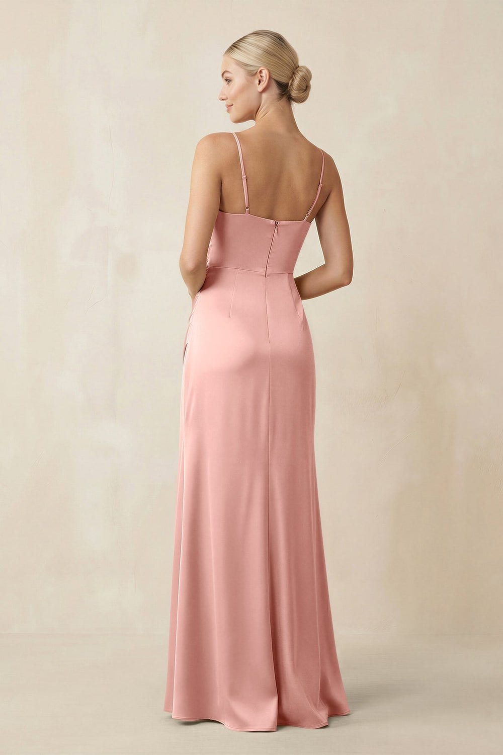 Cami Strap Ruched Satin Sheath Bridesmaid Dress in Rose Petal - KissProm Bridesmaid Dresses
