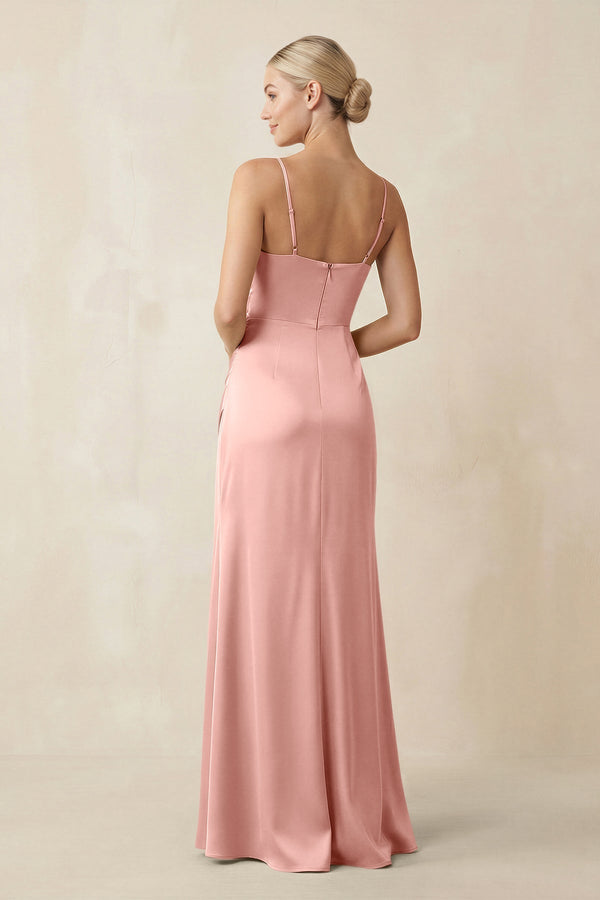 Cami Strap Ruched Satin Sheath Bridesmaid Dress in Rose Petal - KissProm Bridesmaid Dresses