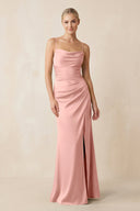 Cami Strap Ruched Satin Sheath Bridesmaid Dress in Rose Petal - KissProm Bridesmaid Dresses