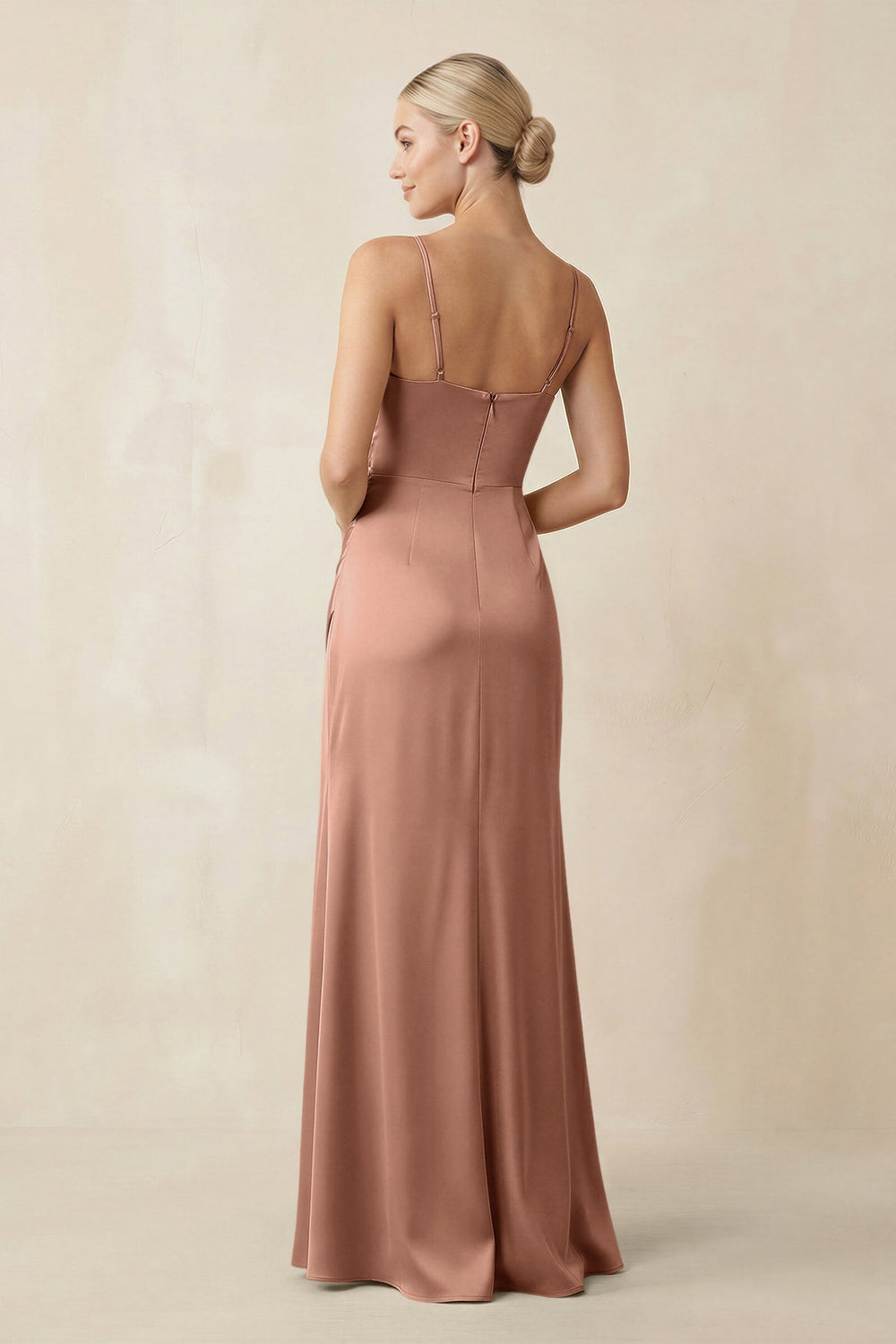 Cami Strap Ruched Satin Sheath Bridesmaid Dress in Rosette - KissProm Bridesmaid Dresses