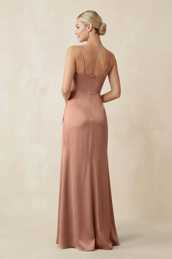 Cami Strap Ruched Satin Sheath Bridesmaid Dress in Rosette - KissProm Bridesmaid Dresses