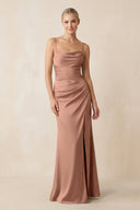 Cami Strap Ruched Satin Sheath Bridesmaid Dress in Rosette - KissProm Bridesmaid Dresses