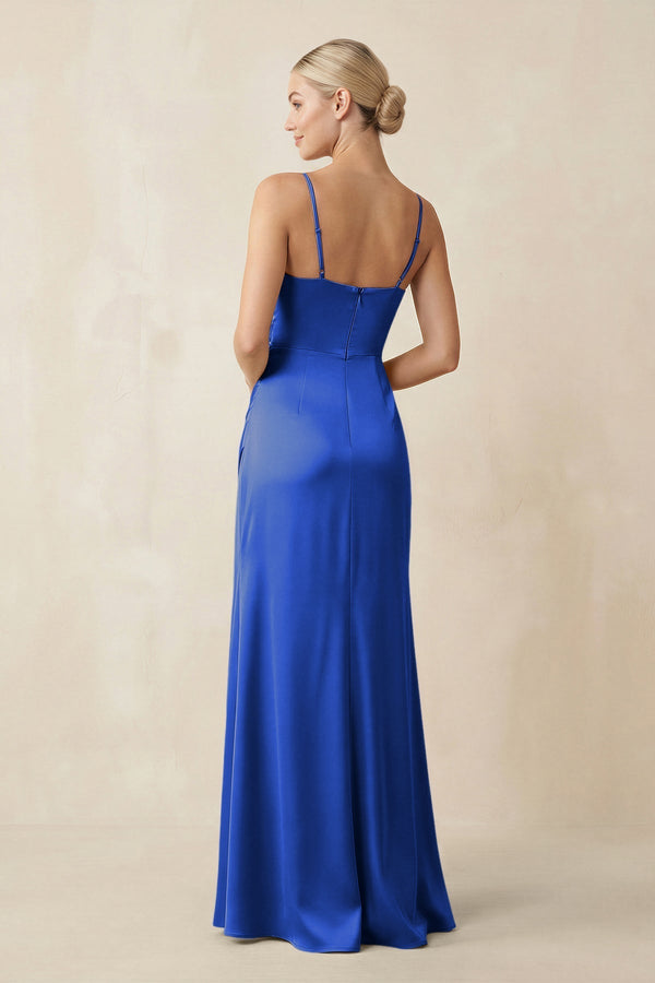 Cami Strap Ruched Satin Sheath Bridesmaid Dress in Royal Blue - KissProm Bridesmaid Dresses