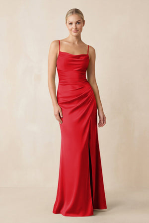 Cami Strap Ruched Satin Sheath Bridesmaid Dress in Ruby Red - KissProm Bridesmaid Dresses