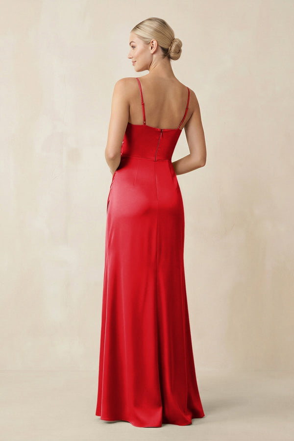 Cami Strap Ruched Satin Sheath Bridesmaid Dress in Ruby Red - KissProm Bridesmaid Dresses