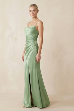 Cami Strap Ruched Satin Sheath Bridesmaid Dress in Sage - KissProm Bridesmaid Dresses