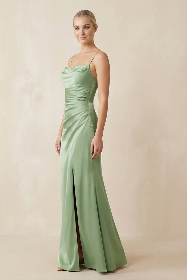 Cami Strap Ruched Satin Sheath Bridesmaid Dress in Sage - KissProm Bridesmaid Dresses