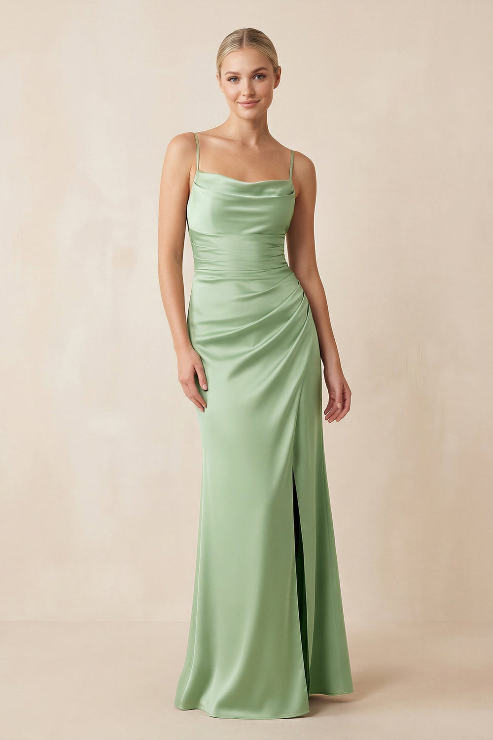 Cami Strap Ruched Satin Sheath Bridesmaid Dress in Sage - KissProm Bridesmaid Dresses