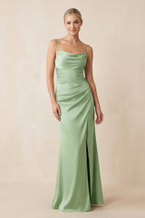 Cami Strap Ruched Satin Sheath Bridesmaid Dress in Sage - KissProm Bridesmaid Dresses