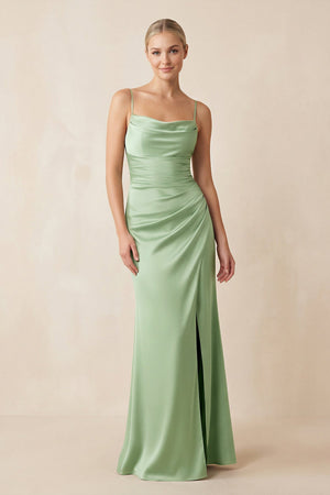 Cami Strap Ruched Satin Sheath Bridesmaid Dress in Sage - KissProm Bridesmaid Dresses