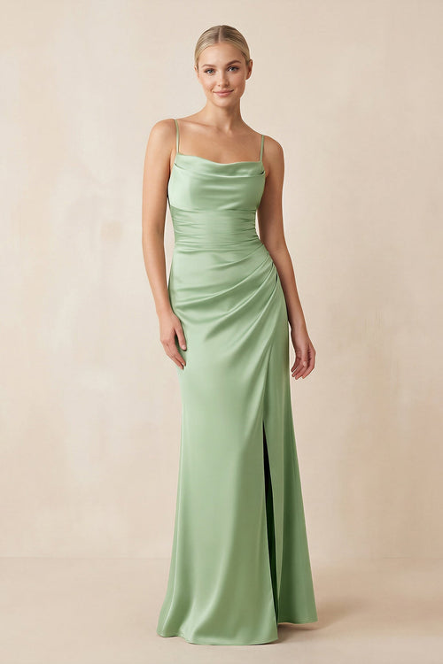 Cami Strap Ruched Satin Sheath Bridesmaid Dress in Sage - KissProm Bridesmaid Dresses