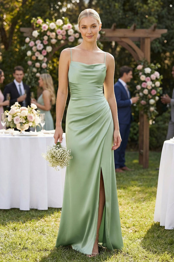 Cami Strap Ruched Satin Sheath Bridesmaid Dress in Sage - KissProm Bridesmaid Dresses