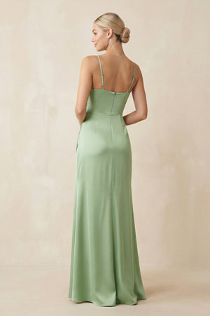 Cami Strap Ruched Satin Sheath Bridesmaid Dress in Sage - KissProm Bridesmaid Dresses