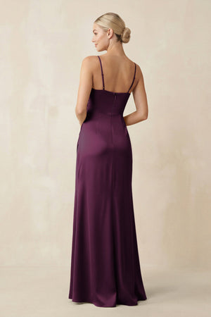 Cami Strap Ruched Satin Sheath Bridesmaid Dress in Sangria - KissProm Bridesmaid Dresses