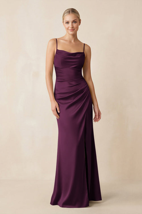 Cami Strap Ruched Satin Sheath Bridesmaid Dress in Sangria - KissProm Bridesmaid Dresses