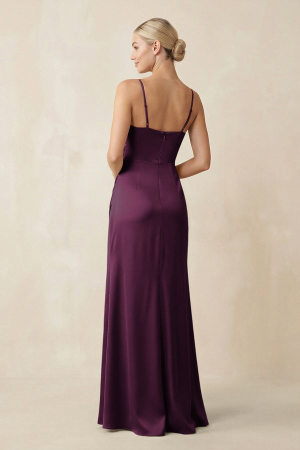 Cami Strap Ruched Satin Sheath Bridesmaid Dress in Sangria - KissProm Bridesmaid Dresses