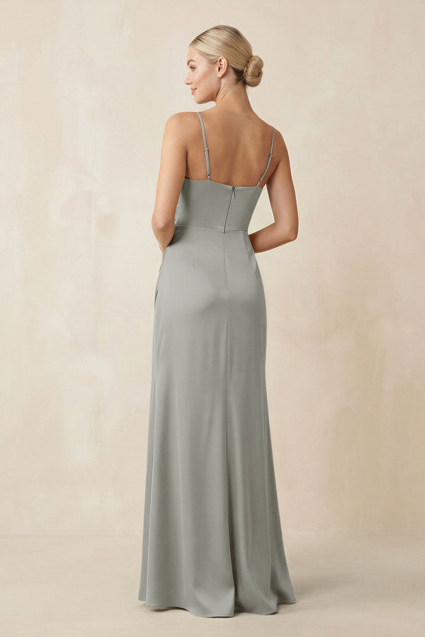 Cami Strap Ruched Satin Sheath Bridesmaid Dress in Silver - KissProm Bridesmaid Dresses