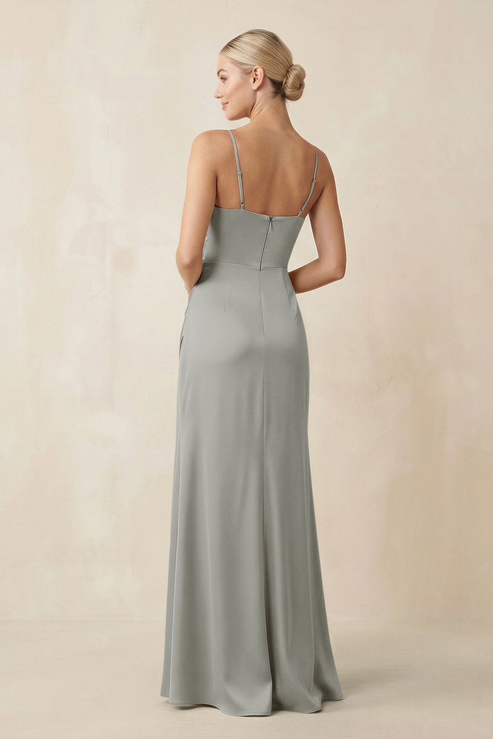 Cami Strap Ruched Satin Sheath Bridesmaid Dress in Silver - KissProm Bridesmaid Dresses