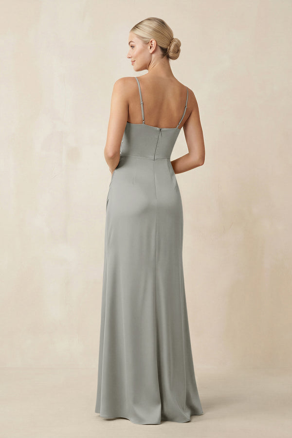 Cami Strap Ruched Satin Sheath Bridesmaid Dress in Silver - KissProm Bridesmaid Dresses