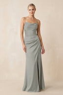 Cami Strap Ruched Satin Sheath Bridesmaid Dress in Silver - KissProm Bridesmaid Dresses