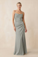 Cami Strap Ruched Satin Sheath Bridesmaid Dress in Silver - KissProm Bridesmaid Dresses