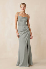 Cami Strap Ruched Satin Sheath Bridesmaid Dress in Silver - KissProm Bridesmaid Dresses