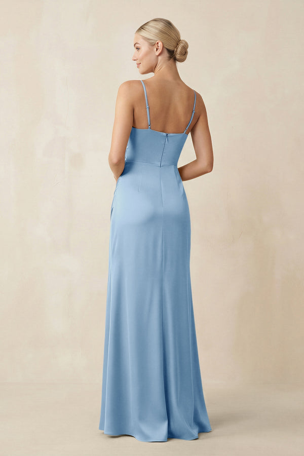 Cami Strap Ruched Satin Sheath Bridesmaid Dress in Sky Blue - KissProm Bridesmaid Dresses
