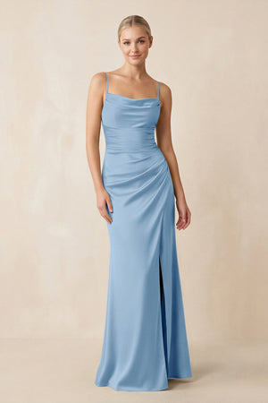 Cami Strap Ruched Satin Sheath Bridesmaid Dress in Sky Blue - KissProm Bridesmaid Dresses