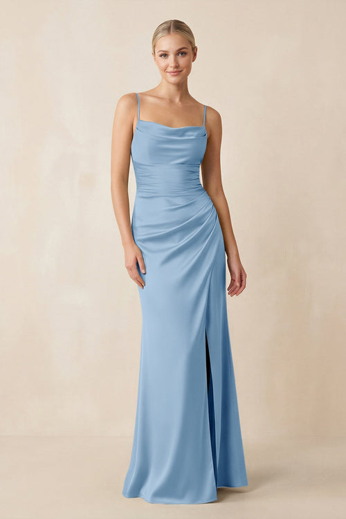 Cami Strap Ruched Satin Sheath Bridesmaid Dress in Sky Blue - KissProm Bridesmaid Dresses