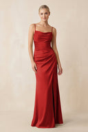 Cami Strap Ruched Satin Sheath Bridesmaid Dress in Spice - KissProm Bridesmaid Dresses